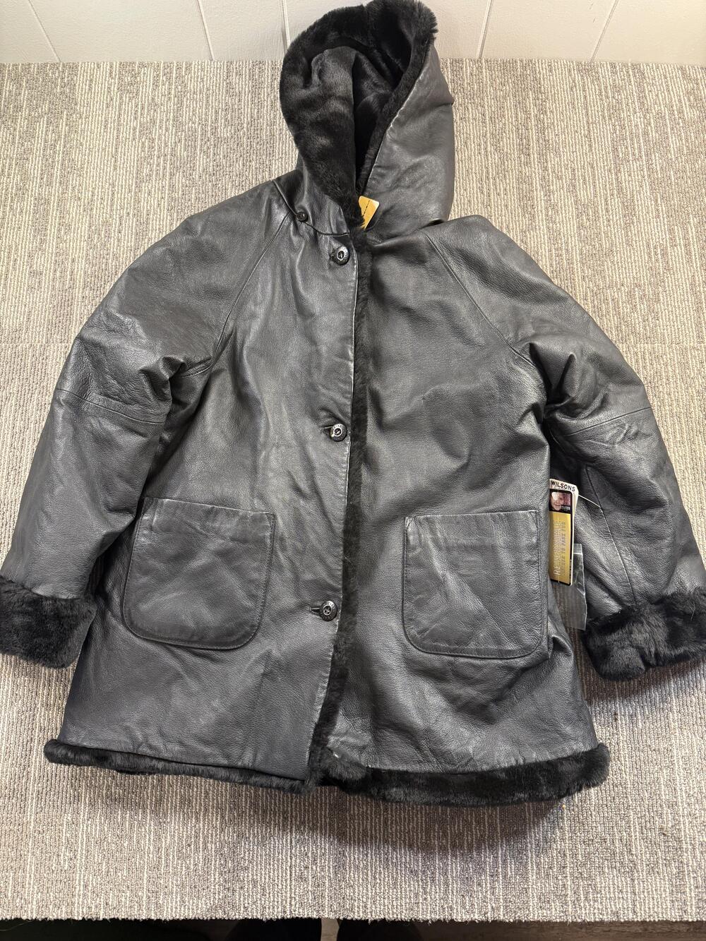 Wilsons Leather Jacket Youth XL Black Reversible Faux Fur Hooded Winter Coat